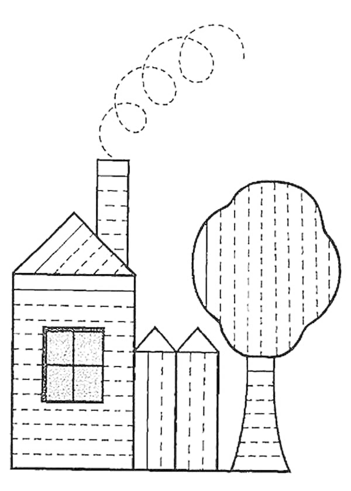 На раскраске изображено: Дом, Труба, Дым, Забор, Штриховка, Для детей, Деревья
