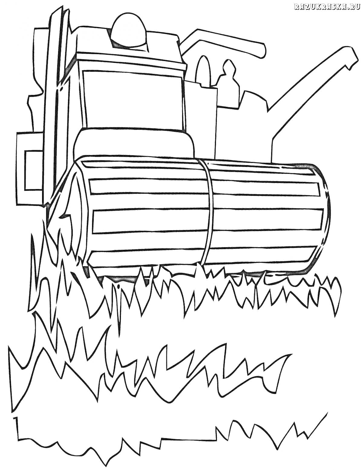 На раскраске изображено: Комбайн, Сельскохозяйственная техника, Поле, Трава, Уборка урожая