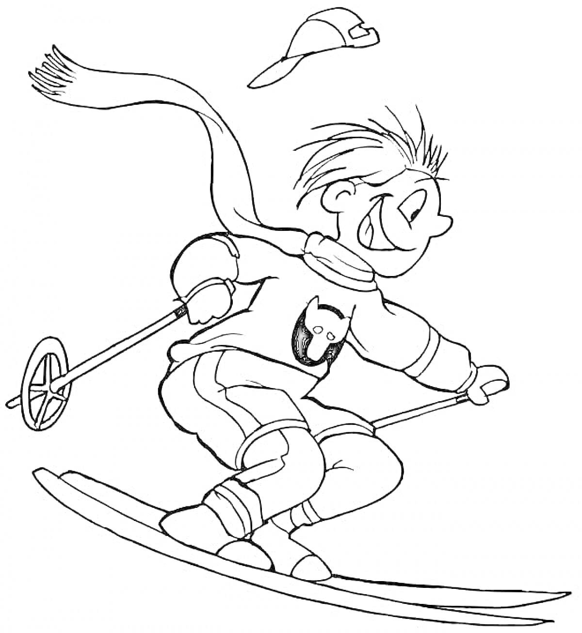 Раскраска Ребенок на лыжах с палками и шапкой