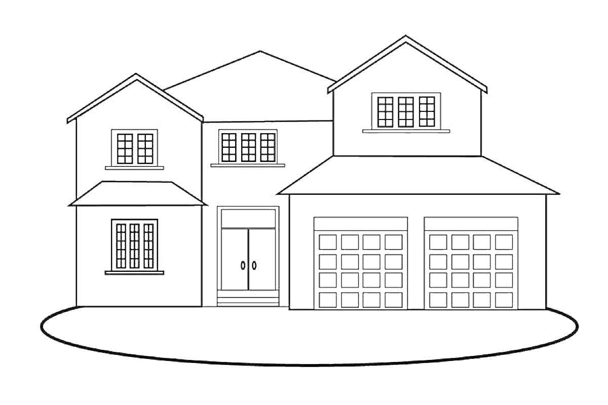 На раскраске изображено: Дом, Двухэтажный дом, Гараж, Чердак, Окна, Архитектура, Дверь