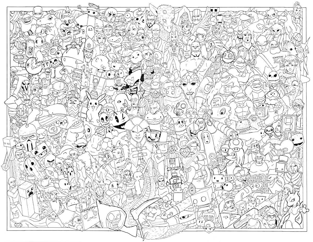 Раскраска Куча различных персонажей, включая животных, роботов, инопланетян, фантастических существ и случайные формы