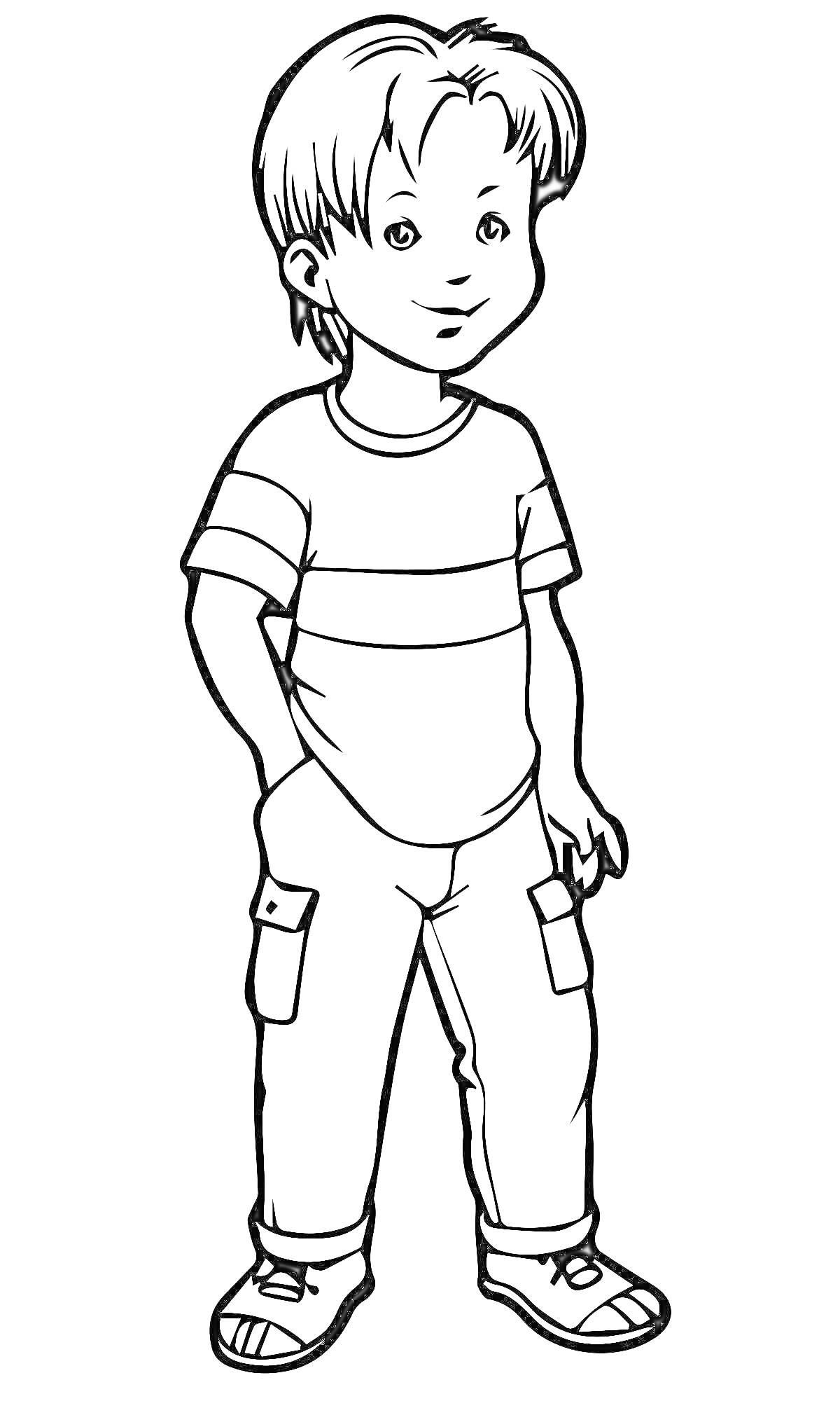 Раскраска Малыш в футболке и брюках с карманами, стоящий с одной рукой в кармане