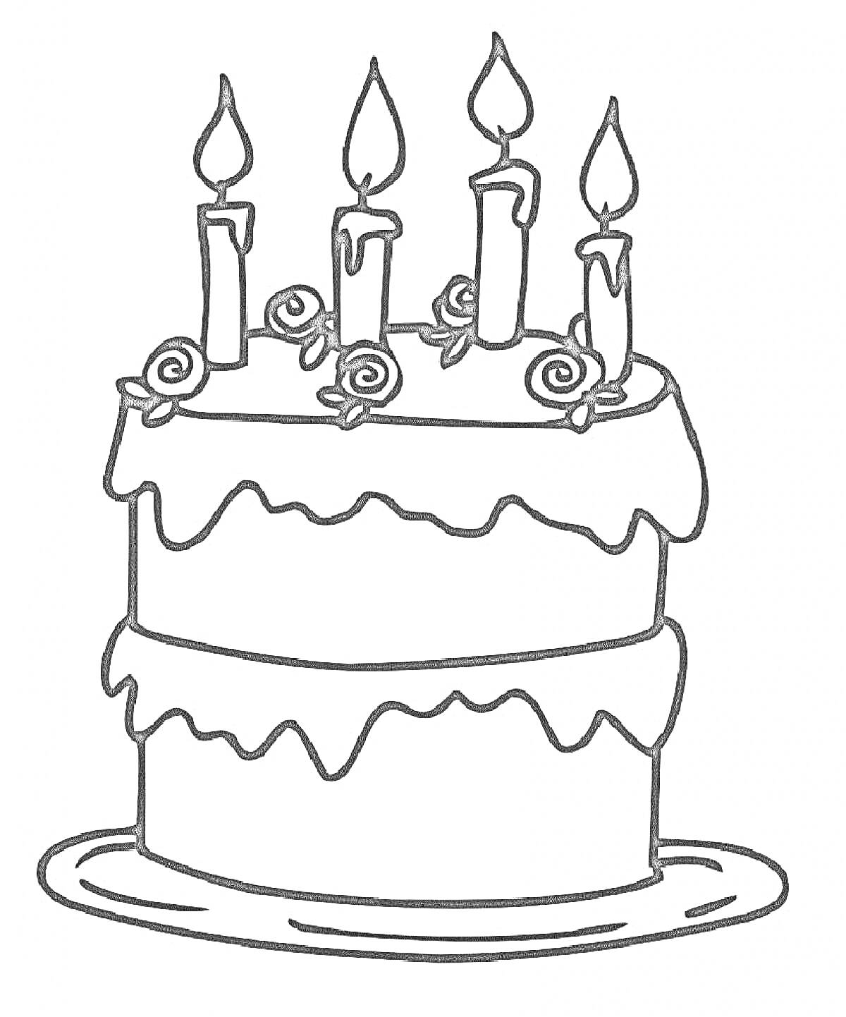 На раскраске изображено: Торт, Свечи, Тарелка, Выпечка, День рождения, Десерты, Праздники, Сладости