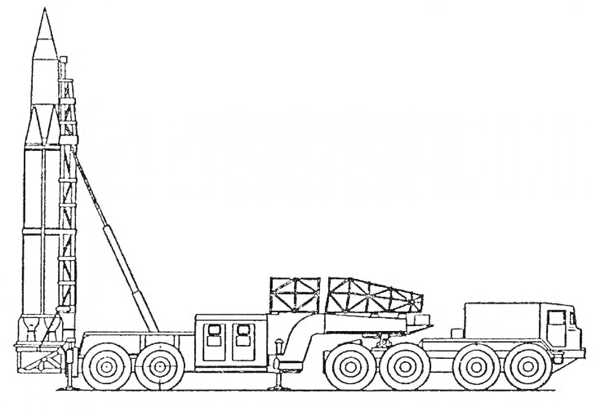 Раскраска Ракетный комплекс на мобильной платформе с поднятой ракетой