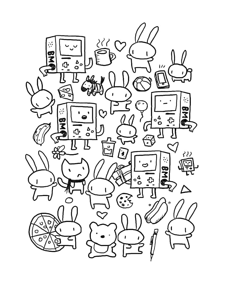 РаскраскаРисунок с кроликами, игровыми консолями, кошками, едой и другими мелкими предметами