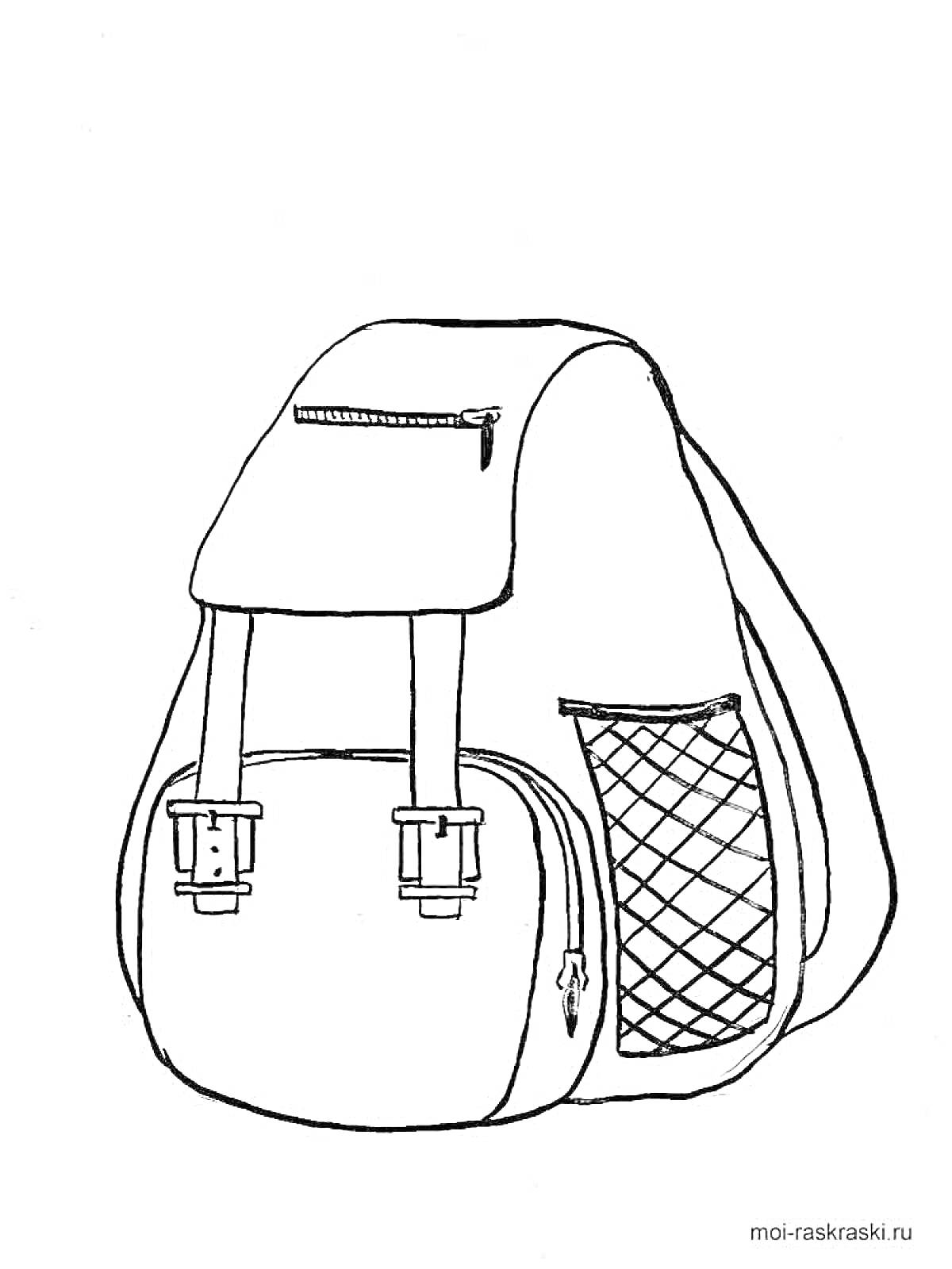 Раскраска Портфель с клапаном, карманами на молнии и сетчатым боковым карманом