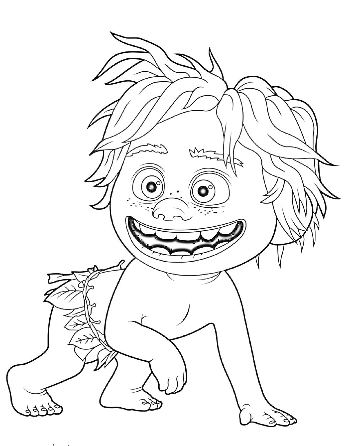 Раскраска мальчик с длинными растрепанными волосами, на четвереньках, с набедренной повязкой из листьев