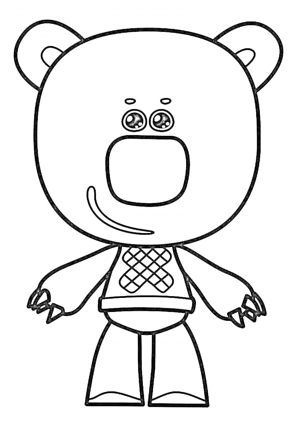 Раскраска Мишка с круглой головой и ушами, с большими глазами, в костюме с ромбическим узором на животе, изображение раскраски