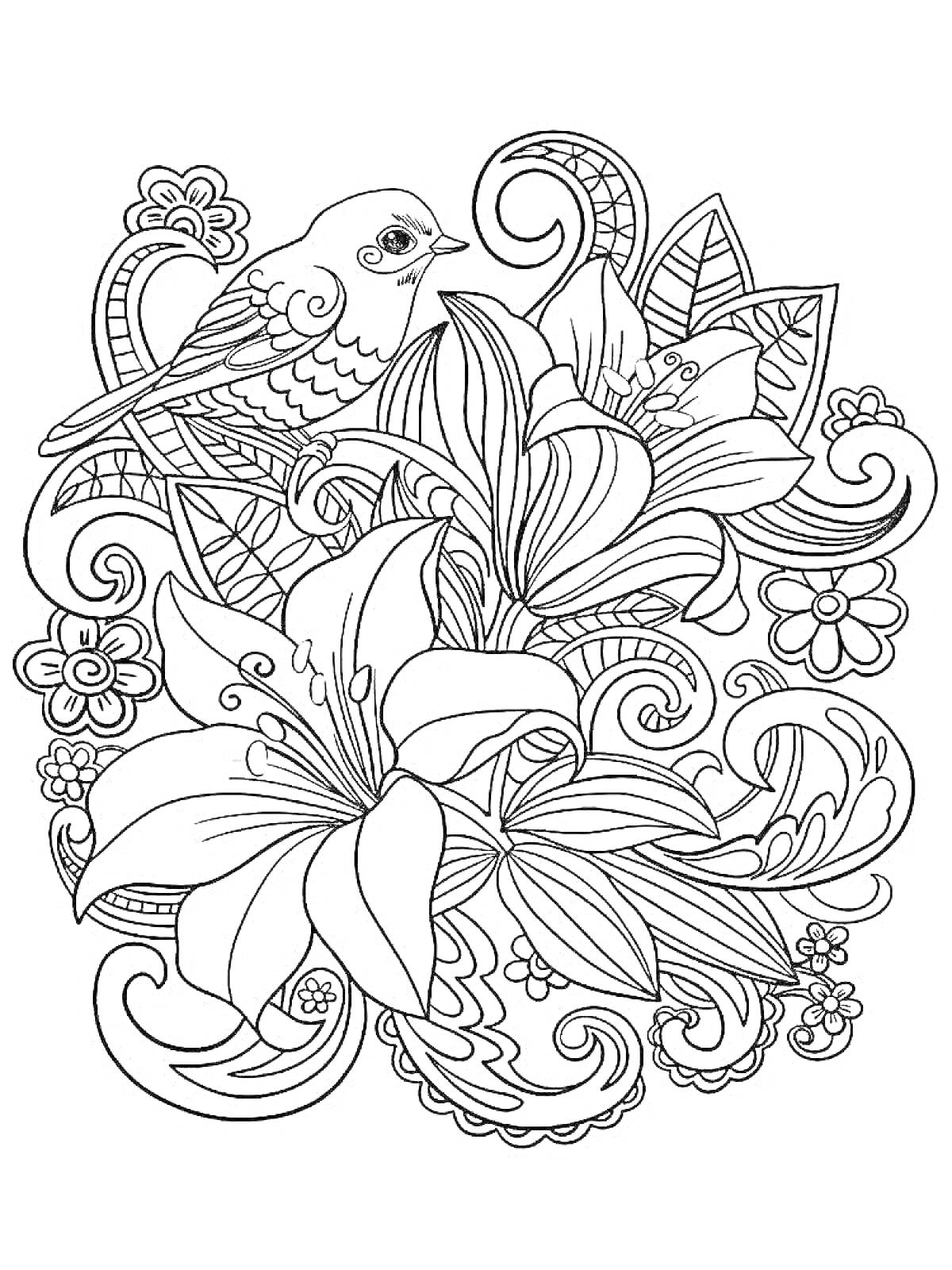 Раскраска Цветочный узор с птицей и крупными лилиями