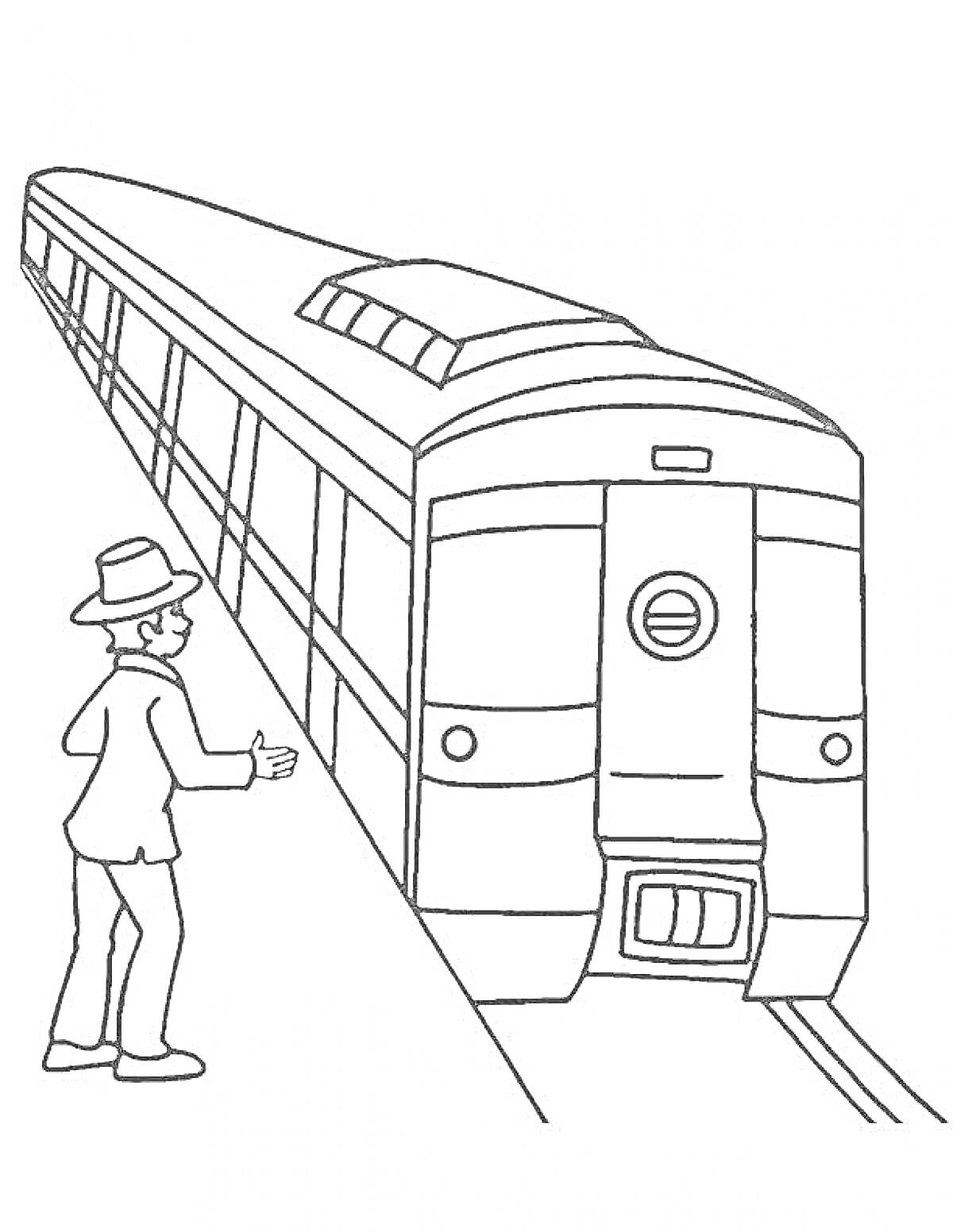 На раскраске изображено: Метро, Поезд, Мужчина, Шляпа, Городской транспорт, Подземка, Железная дорога