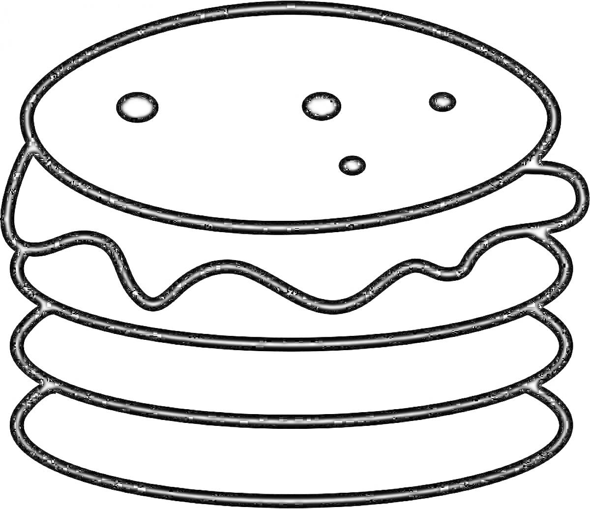 Раскраска Три сырника с верхним сырником, украшенным тремя горошинами
