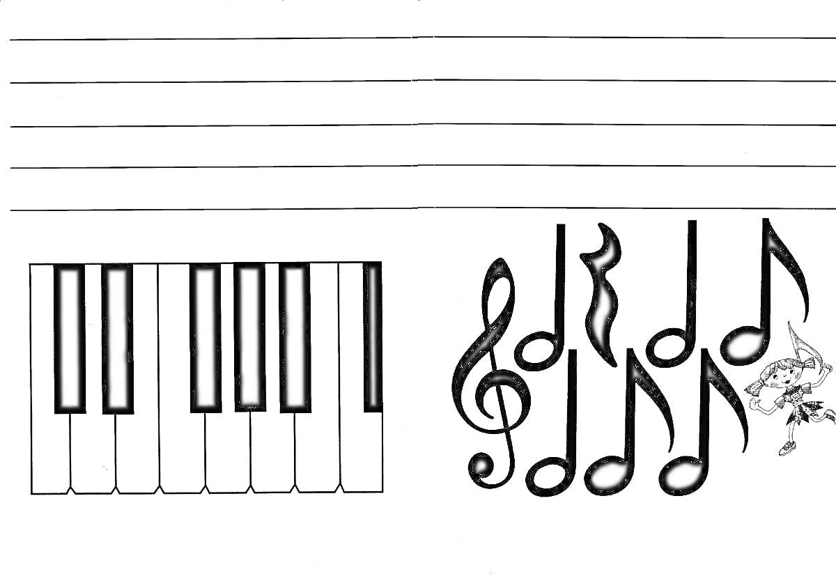 Раскраска Нотный стан, клавиши пианино, скрипичный ключ, ноты