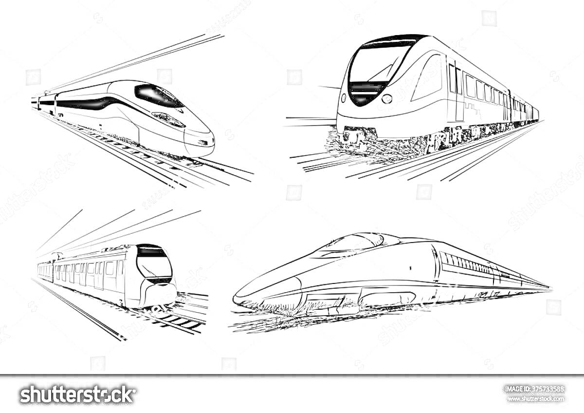 Раскраска Четыре разных поезда ласточка на железной дороге