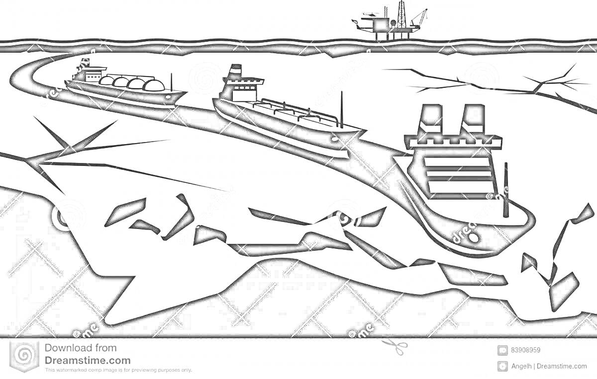Раскраска Ледокол атомный и грузовые суда среди льдов на фоне нефтяной платформы
