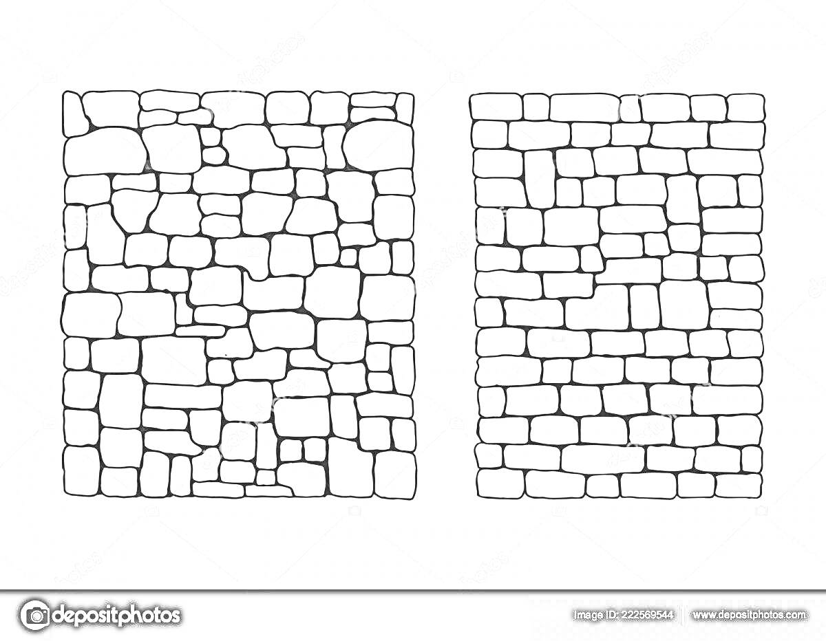 На раскраске изображено: Каменная стена, Разукрашка, Камни, Кладка, Разные формы