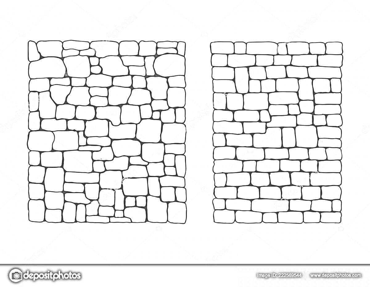 Раскраска Разукрашка с двумя видами каменных стен: одна стена с хаотичной кладкой камней разной формы и размера, другая стена с равномерной прямоугольной кладкой камней.