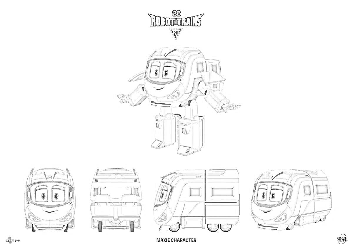 Раскраска Джинни робот, трансформирующийся в поезд с разными видами (спереди, сзади, сбоку).