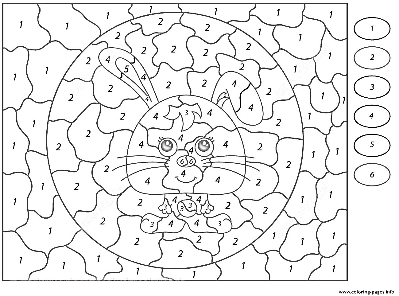 Раскраска Заяц по номерам с кругом и пронумерованными секциями для раскрашивания (1 - зеленый, 2 - желтый, 3 - серый, 4 - фиолетовый, 5 - розовый, 6 - оранжевый)