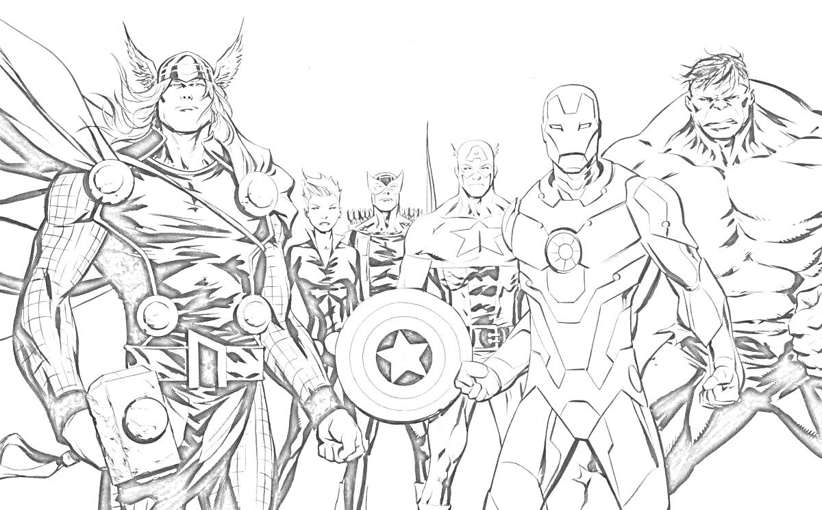 Раскраска Герои Марвел (Тор с молотом и шлемом, Капитан Америка со щитом, Человек-Железный человек в костюме, Халк и другие герои)