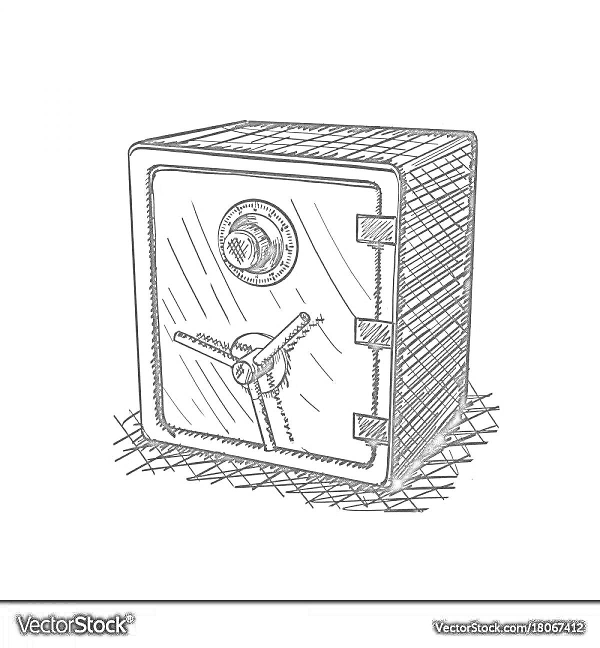 Раскраска Сейф с поворотным замком и рычагами в оффлайн-стиле