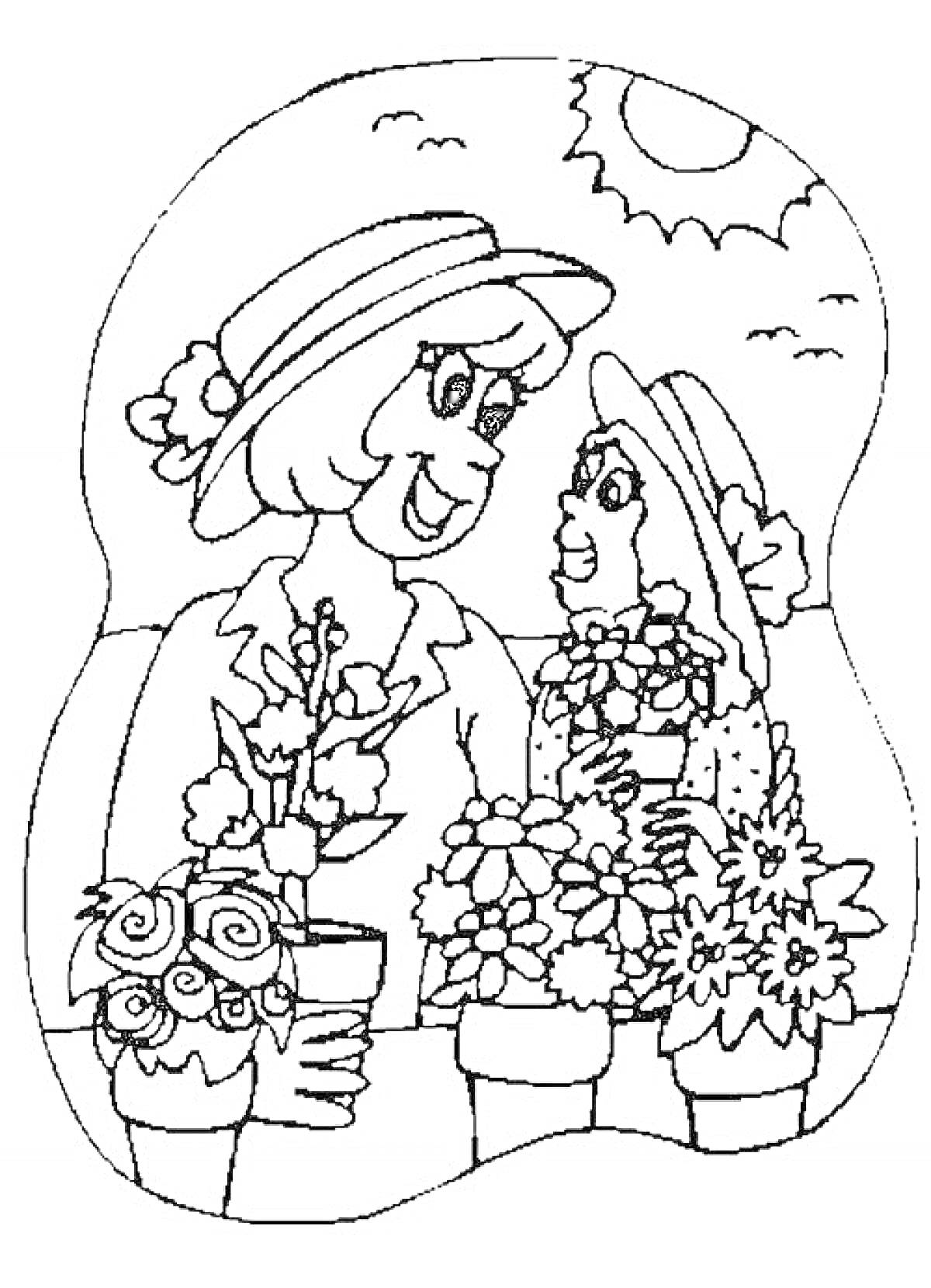 На раскраске изображено: Мама, Цветы, Солнечный день, Растения, Семья, Любовь, Садоводство, Шляпа, Дочь