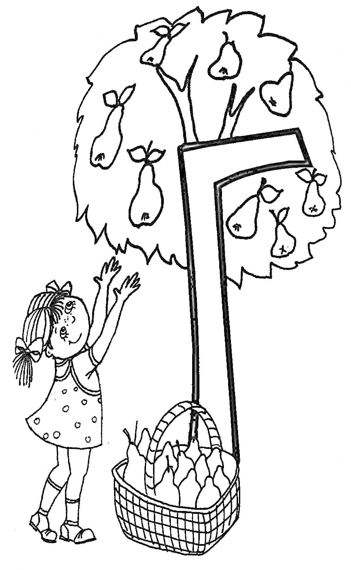Раскраска Девочка собирает груши под деревом в форме буквы Г