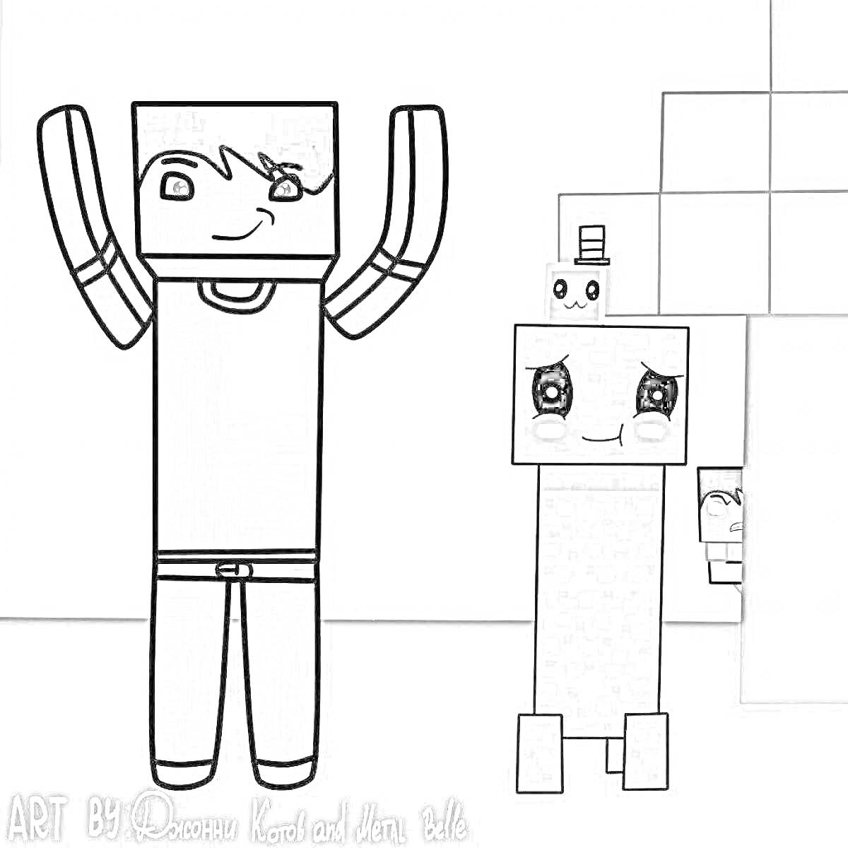 Раскраска Человек в футболке с поднятыми руками, персонажи Minecraft и Крипер со слизнем