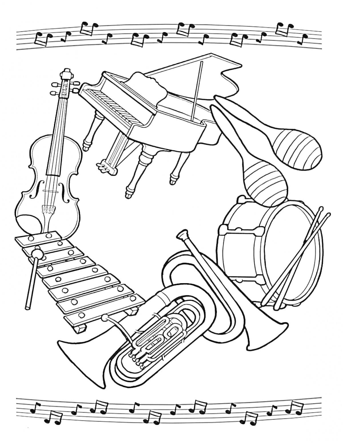 Раскраска Скрипка, пианино, маракасы, барабан, тромбон, туба, металллофон, ноты