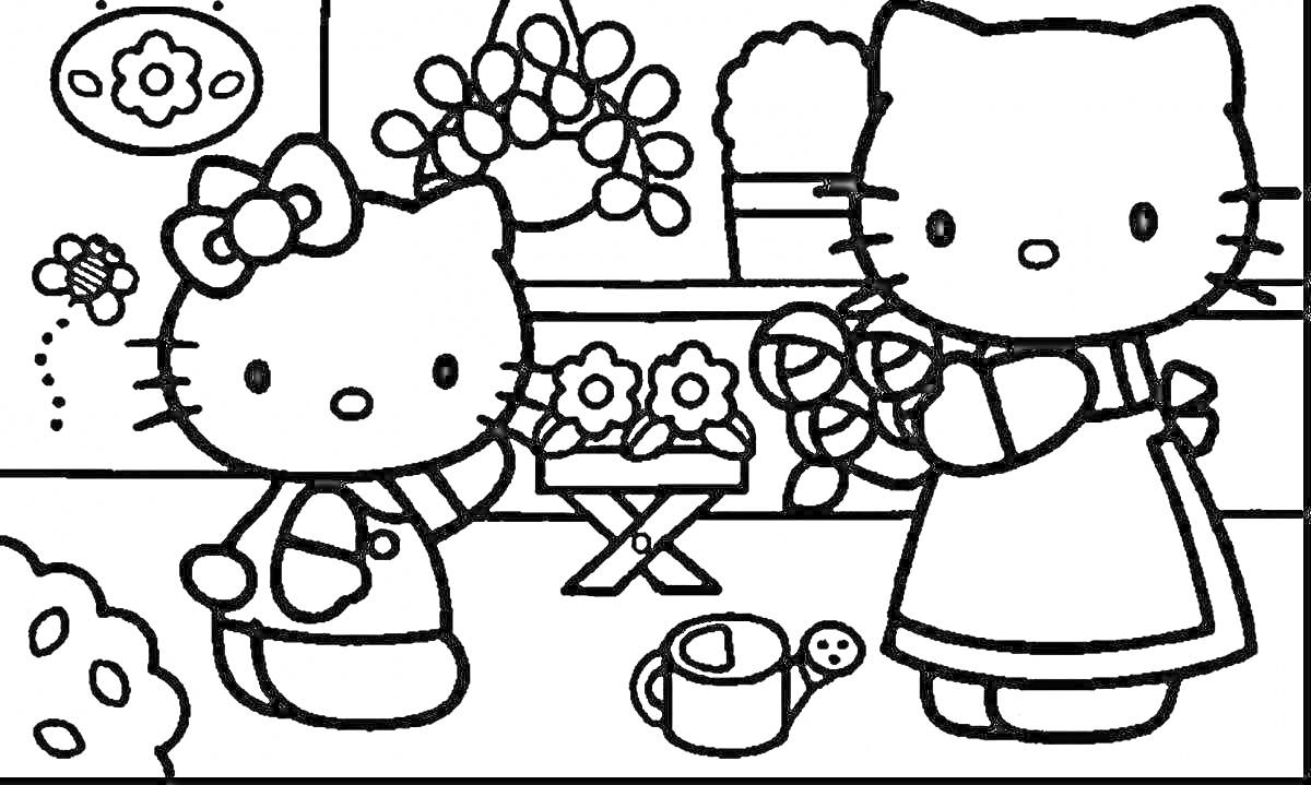 На раскраске изображено: Hello Kitty, Мама, Сад, Цветы, Лейка, Бабочка, Растения, Мебель, Окна, Котёнок