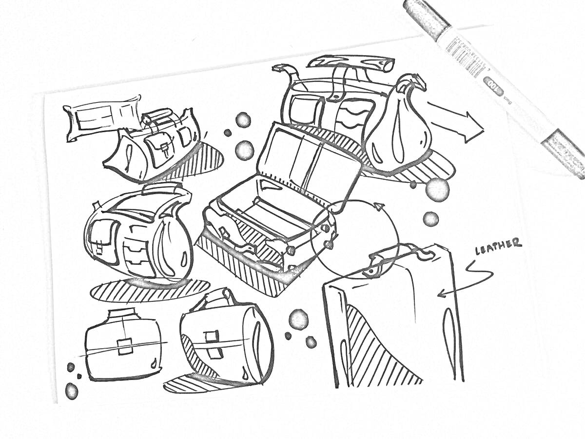 Раскраска различные модели и элементы сумок, в том числе: сумка с ручками, открытая чемоданная сумка, рюкзак.