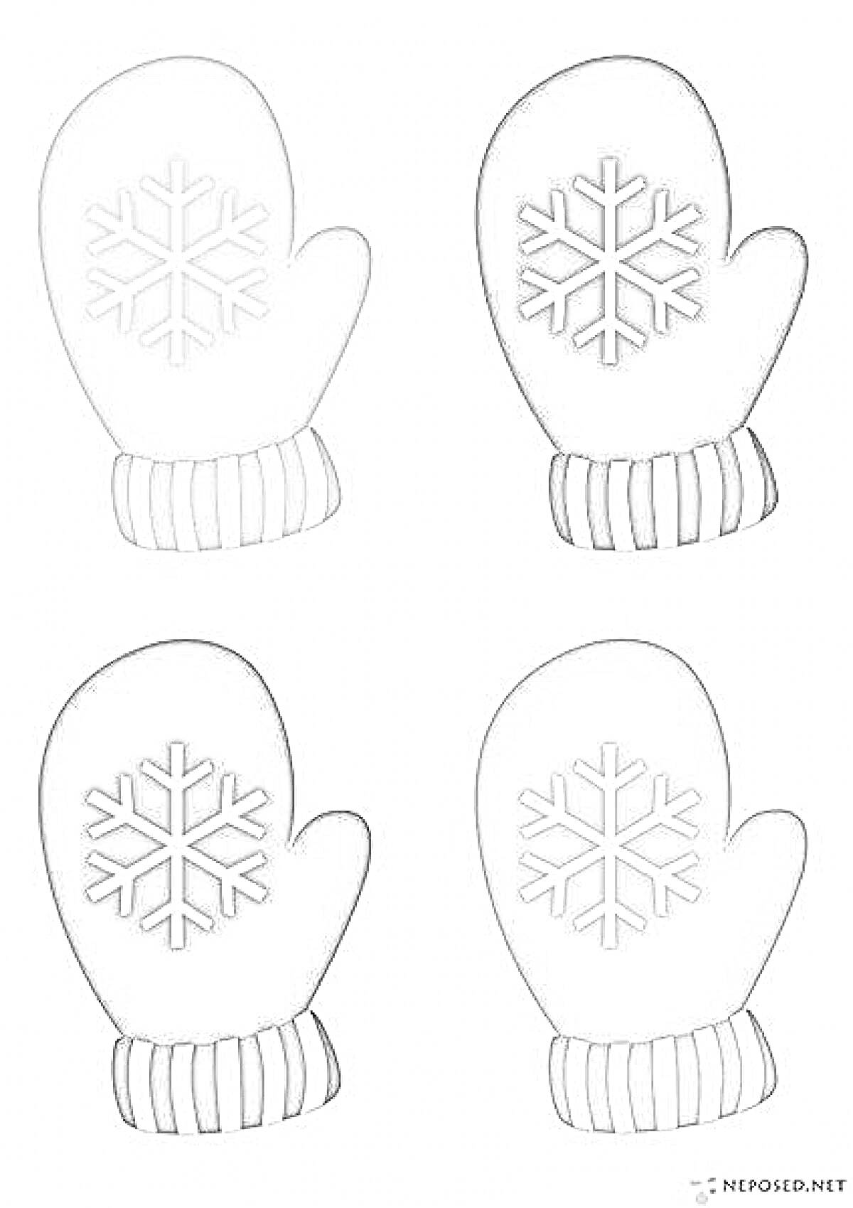 Раскраска Раскраска с четырьмя варежками и снежинками