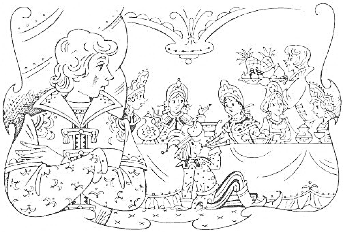 На раскраске изображено: Пир, Теремные палаты, Скоморох, Слуга, Роспись, Традиции