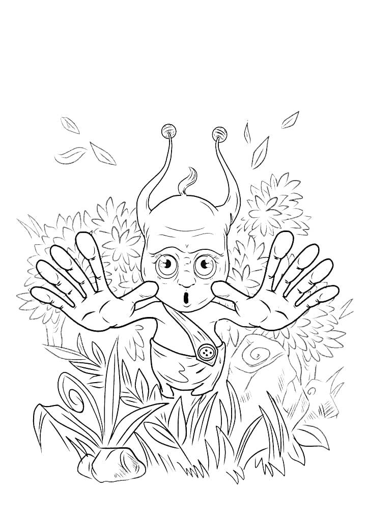 Раскраска Джинглик в лесу с поднятыми руками, растениями, кустарником и падающими листьями.