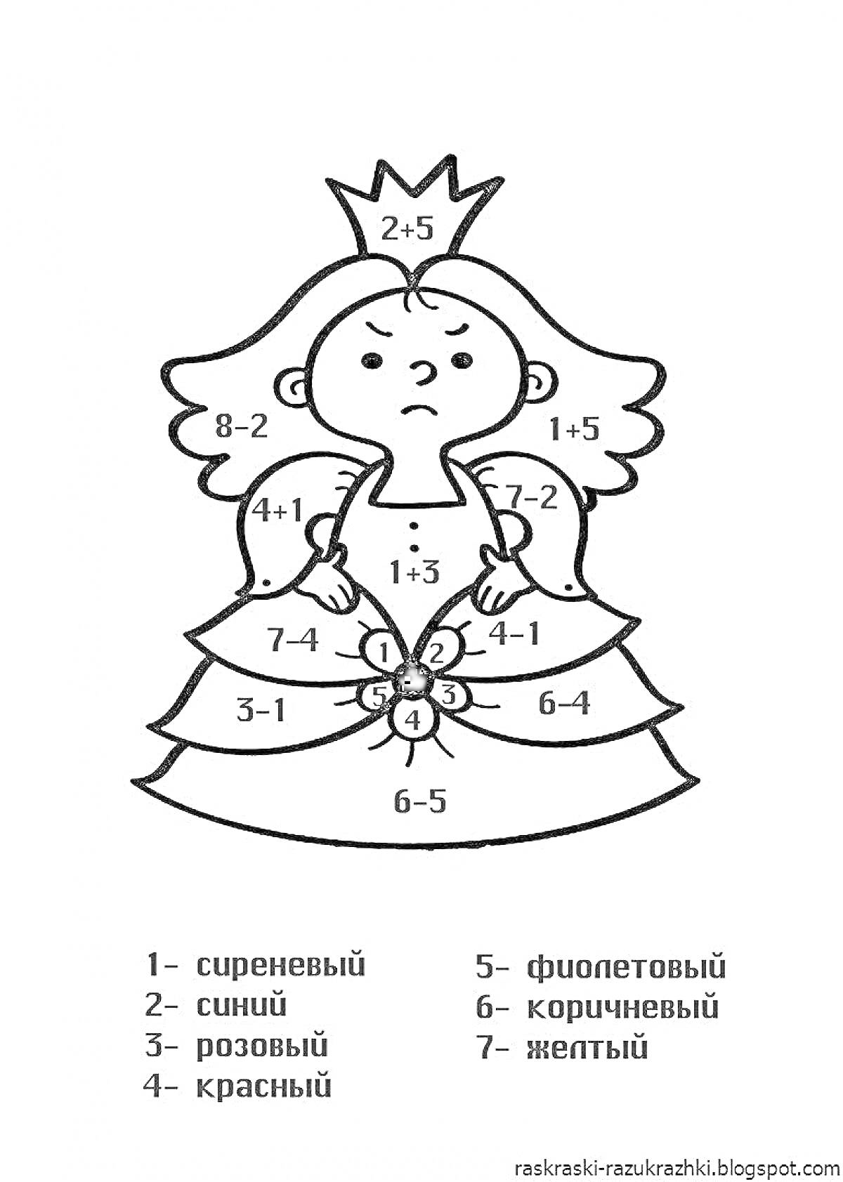 Раскраска раскраска с изображением девушки в короне и платье, примеры сложения и вычитания в пределах 10 внутри частей платья и лица, цветовая инструкция по цифрам представлена внизу изображения