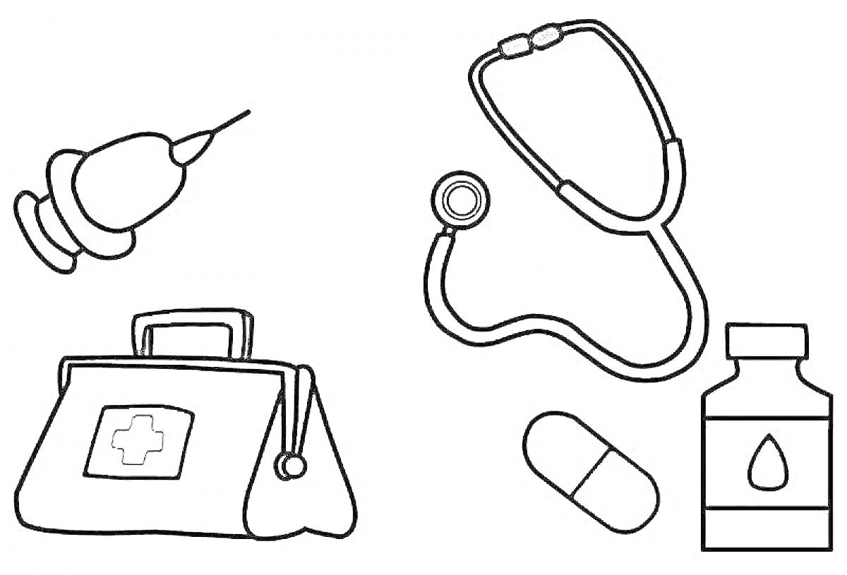 На раскраске изображено: Медицина, Шприц, Стетоскоп, Медицинская сумка, Таблетка, Лекарство, Пузырёк, Медицинские инструменты, Лечение