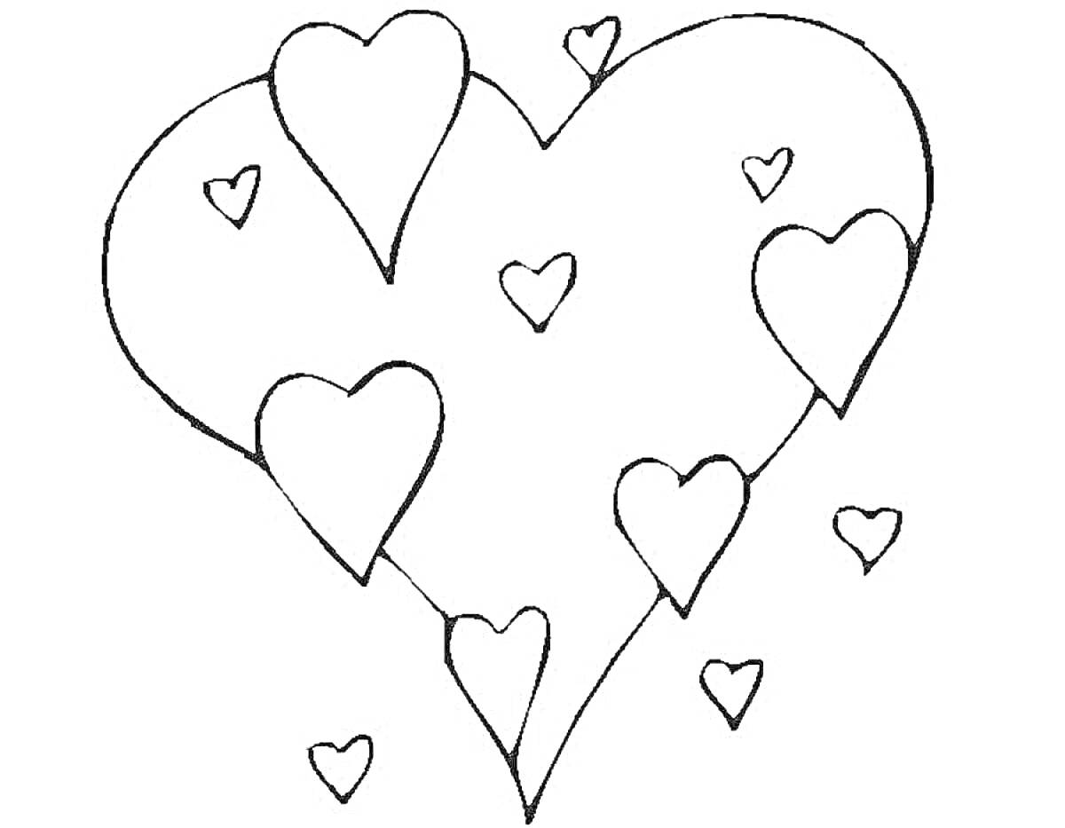 На раскраске изображено: Маленькие сердечки, Большое сердце, Любовь
