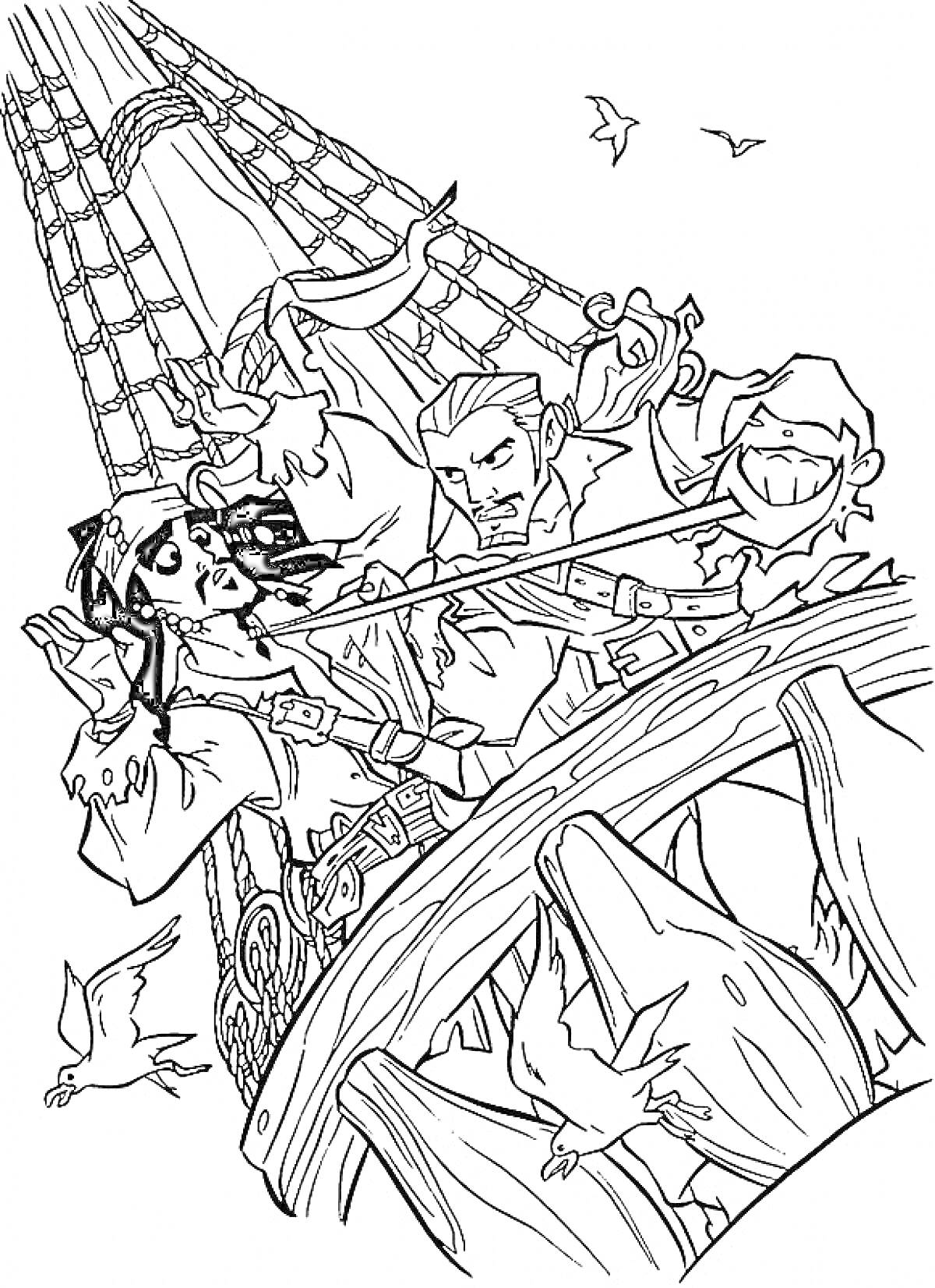Драка пиратов на корабле с попугаем, корабельной оснасткой и чайками