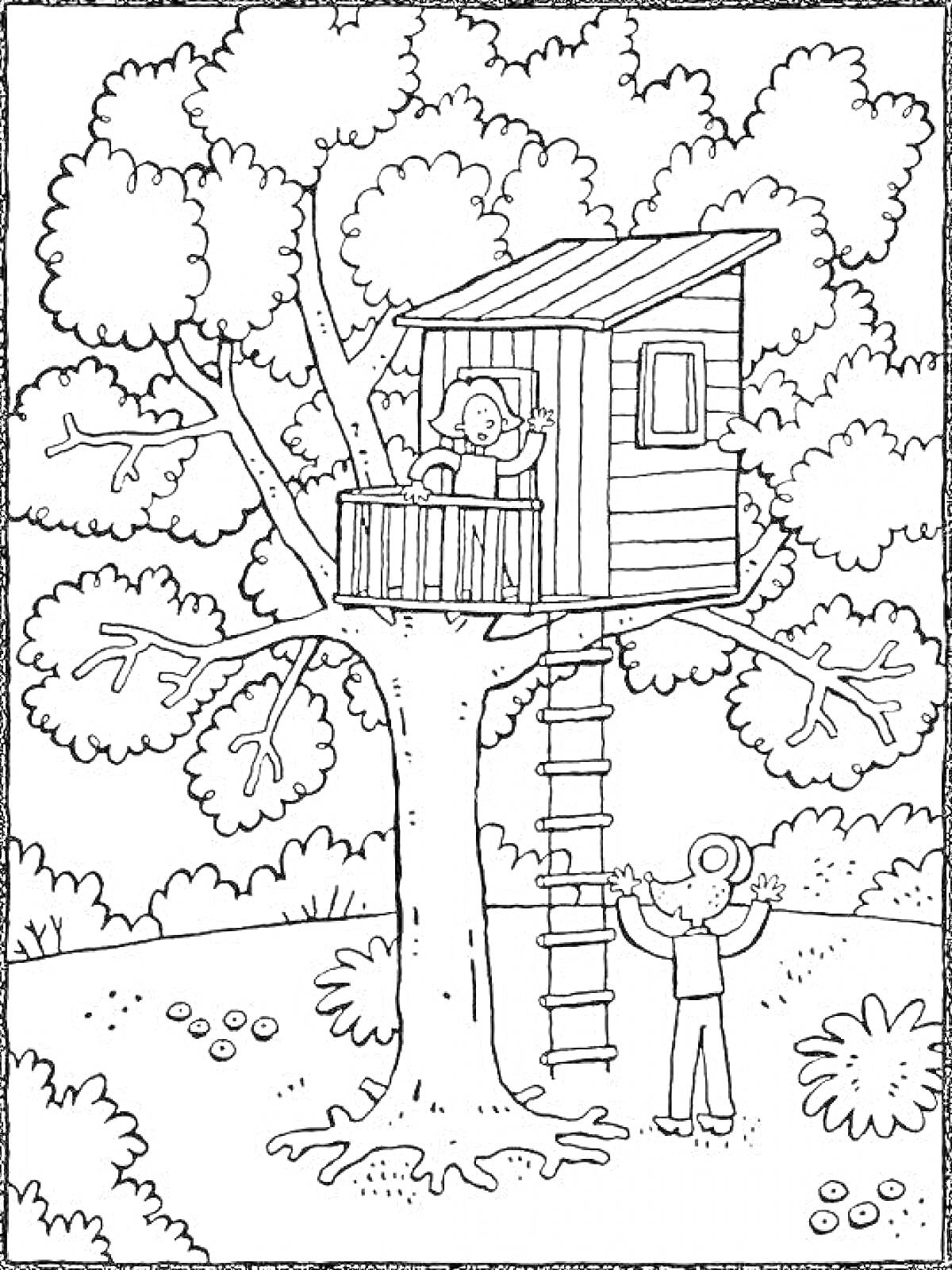 На раскраске изображено: Дом на дереве, Лестница, Природа, Кусты, Трава, Листья, Игра, Для детей, Деревья