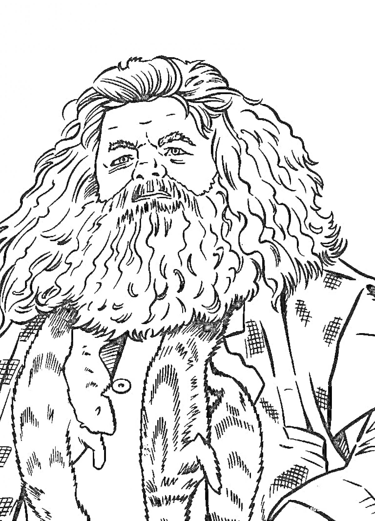 Раскраска Человек с длинными волосами и бородой в куртке с шарфом