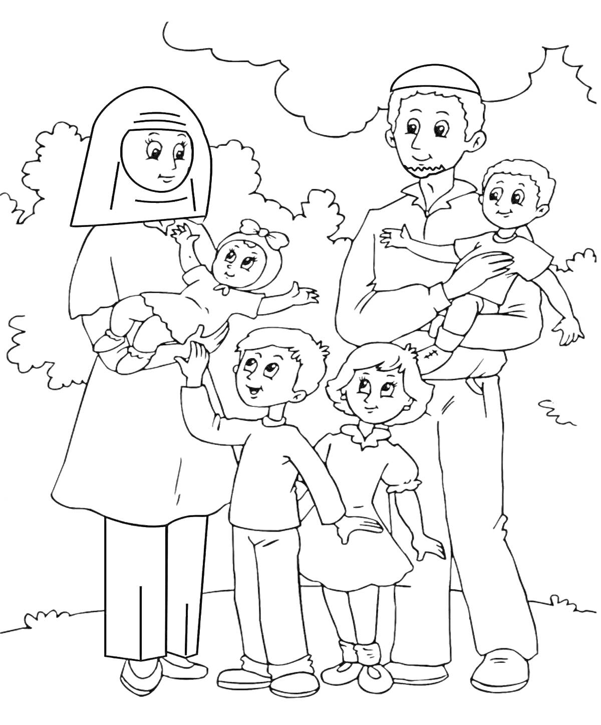 На раскраске изображено: Семья, Родители, Отец, Девочка, Природа, Деревья
