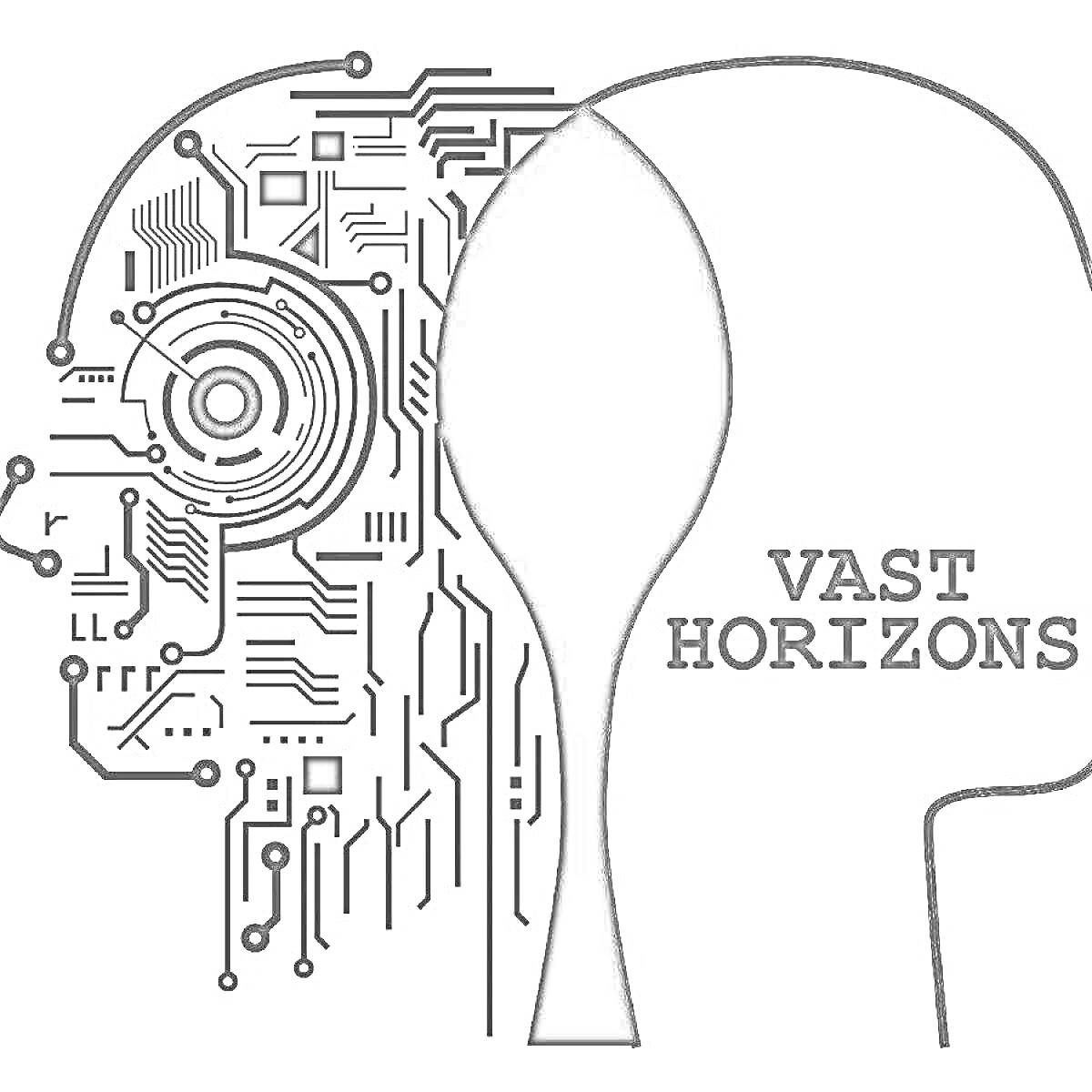 Раскраска Силуэт человеческой головы, левая половина которой представляет собой смесь цифровых цепей и схем, правая половина темная и содержит текст 