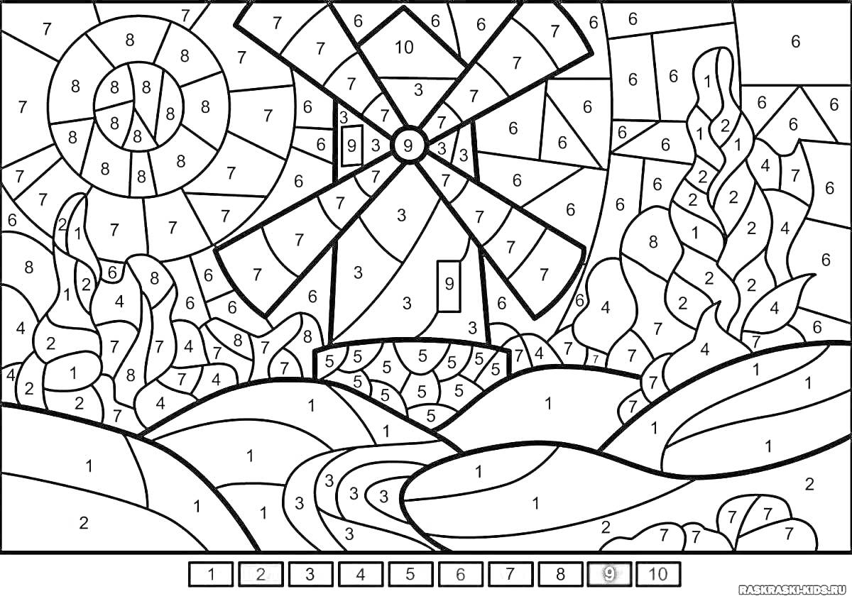Раскраска Ветряная мельница на фоне солнечного пейзажа с холмами и деревьями, раскраска по номерам