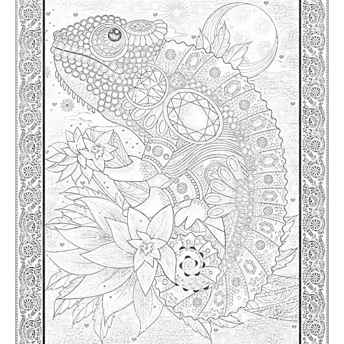 На раскраске изображено: Хамелеон, Цветы, Листья, Орнамент, Луна, Звезды, Природа, Арт, Йога, Медитация