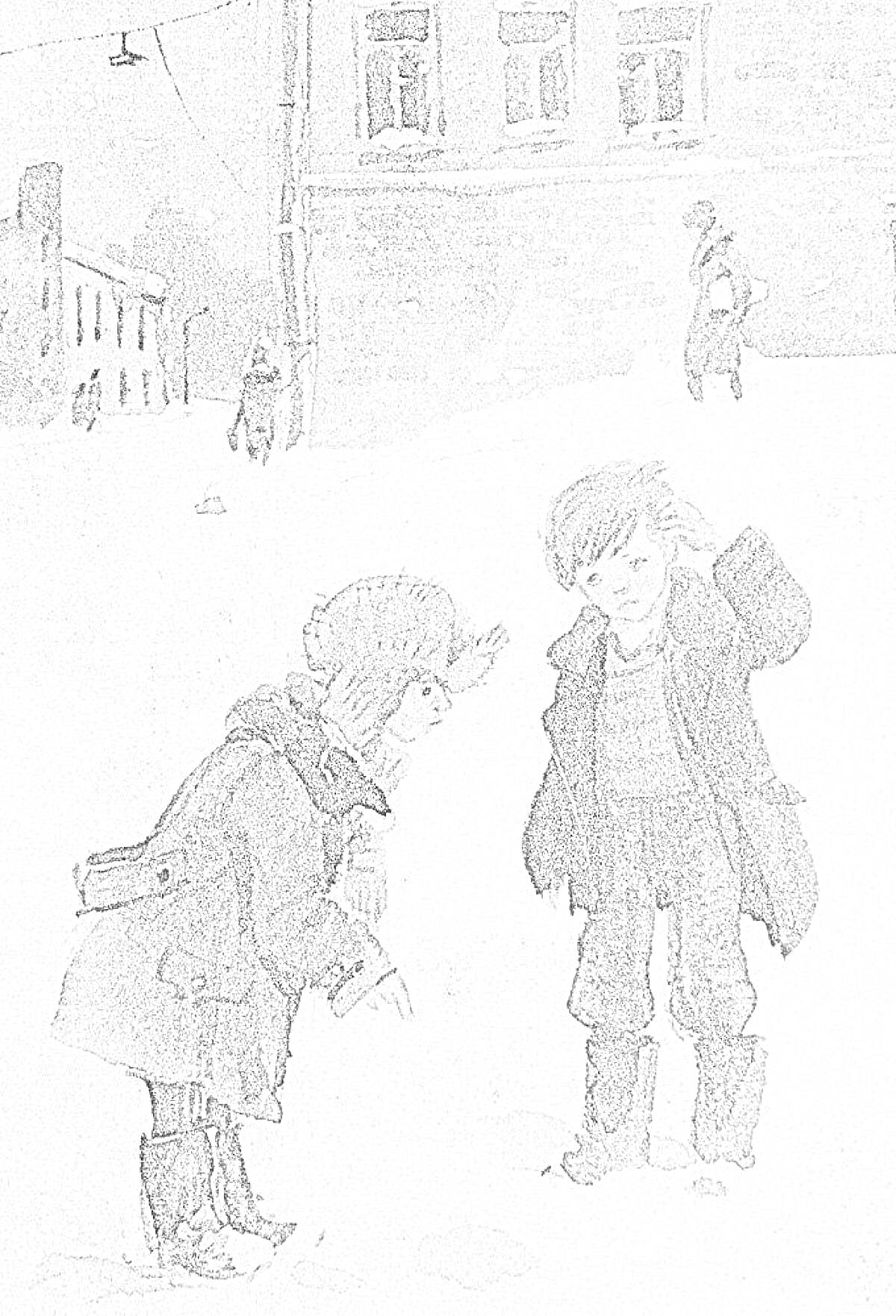 Раскраска Дети Чук и Гек стоят на улице зимой, на заднем фоне здание и прохожие