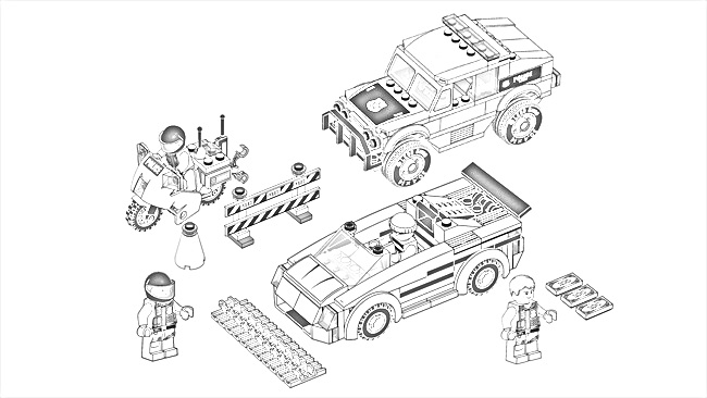 На раскраске изображено: Внедорожник, Спортивная машина, Мотоцикл, Минифигурки, Лего, Дорожные знаки