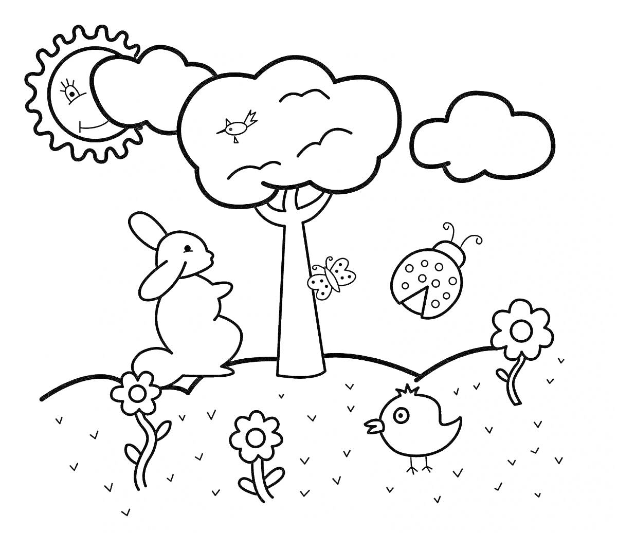 На раскраске изображено: Солнце, Облака, Заяц, Бабочка, Цветы, Природа, Деревья, Божьи коровки, Поляна, Птица