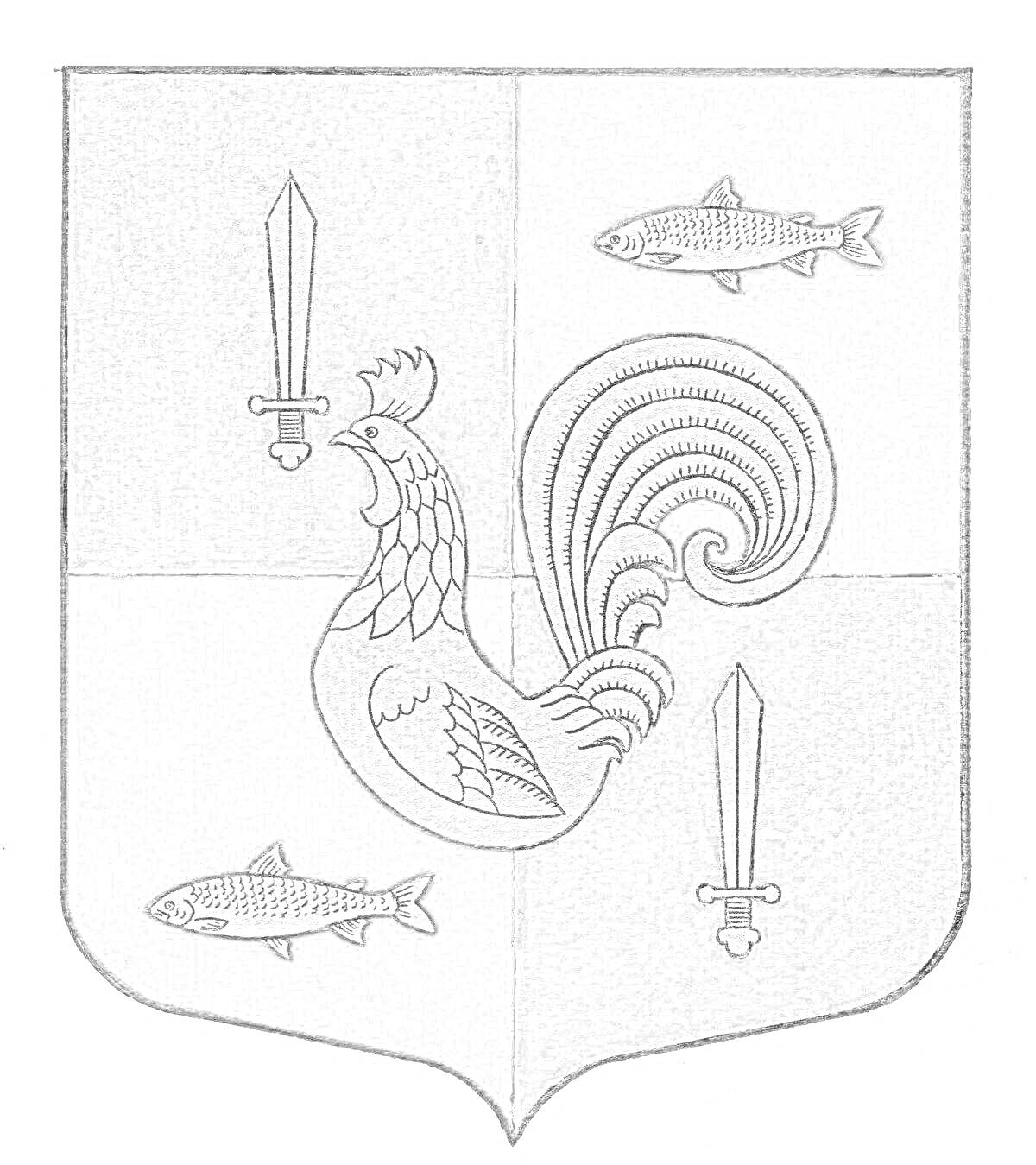 Раскраска Герб Ленинградской области с осетрами и петухом, мечи и хвост петуха