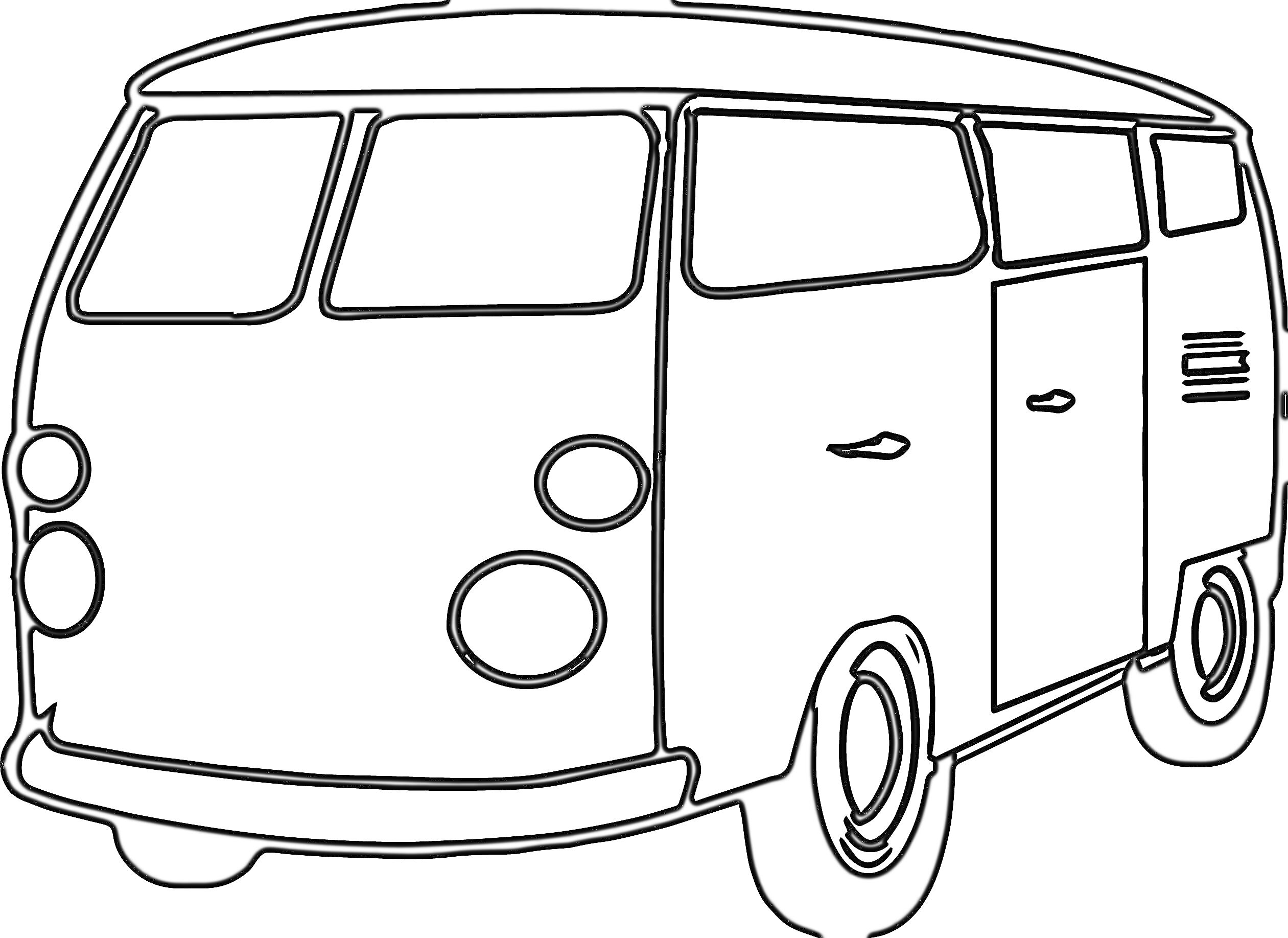 Раскраска Изображение фургона с передними круглыми фарами, боковой дверью и боковым окошком