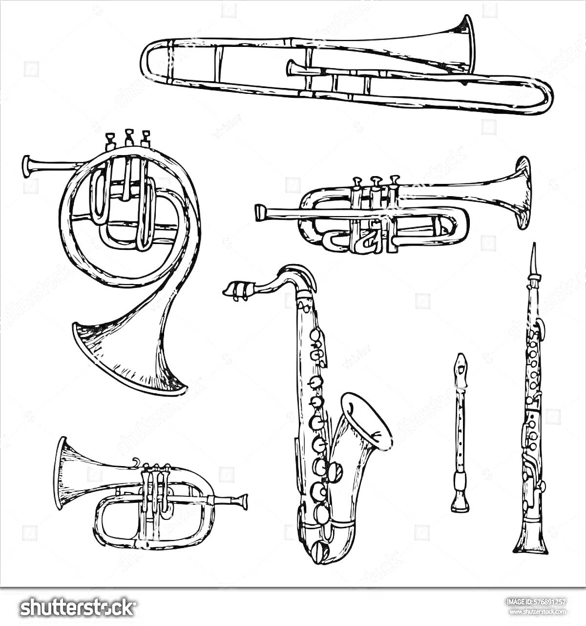 На раскраске изображено: Тромбон, Валторна, Труба, Саксофон, Кларнет, Музыка, Музыкальные инструменты