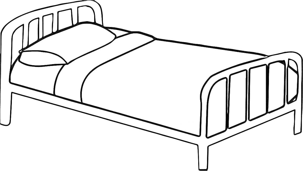 На раскраске изображено: Подушка, Одеяло, Мебель, Линии, Контурные рисунки, Кровати